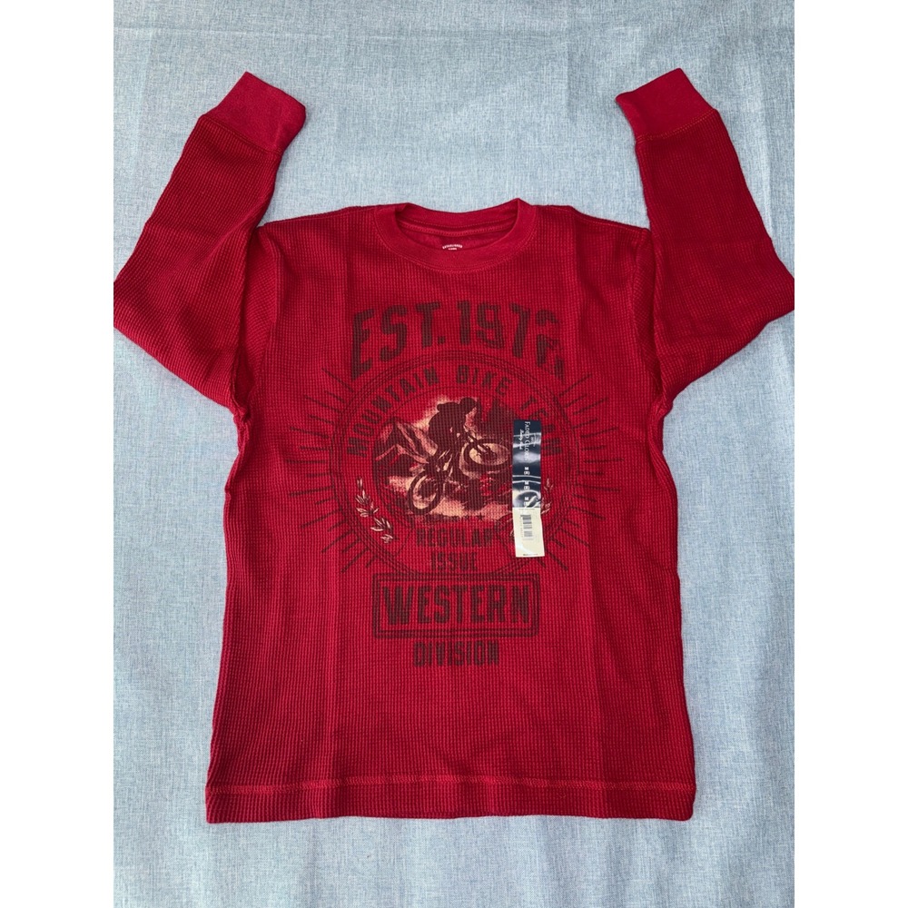 Faded Glory Thermal Shirt Boys Size M 8 Red Mountain Bike Graphic Waffle Knit